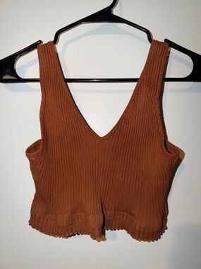 REHAB LAB Brown Ribbed Knit Cropped Sleeveless V-Neck Tank Top